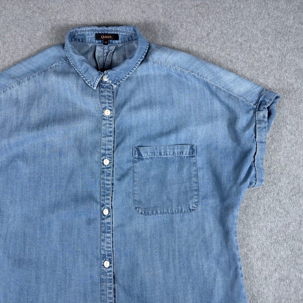 Quince Chambray Tencel Short Sleeve Button-Up Shirt Light Indigo M Lightweight
